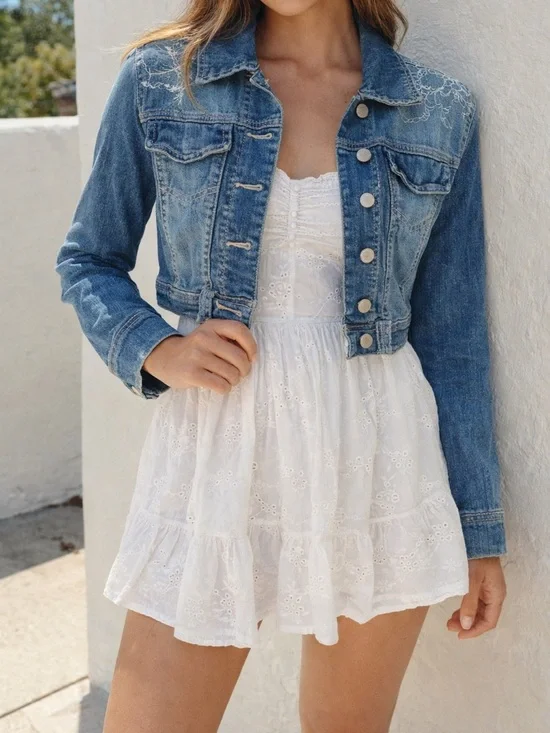 American Rag Y2K Cropped Denim Jacket Embroidered Size Small Western Festival - Picture 9 of 9